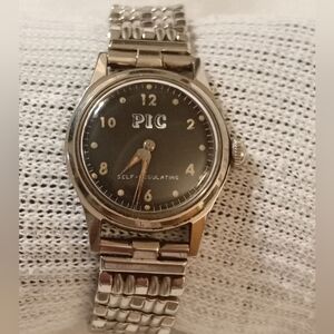 PIC Vintage Silver Watch with Black Dial